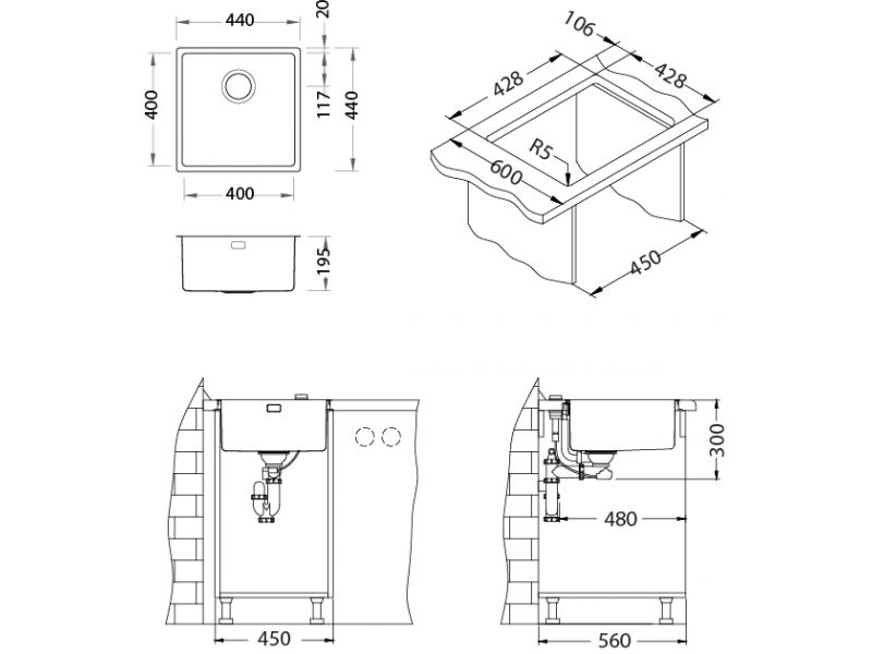 Мойка KOMBINO 30 KMB 90 FI 440X440 F/S в комплекте с сифоном 1130550,